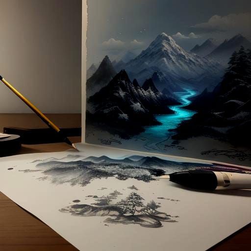 Detailed Asian Landscape in Parchment Ink Style