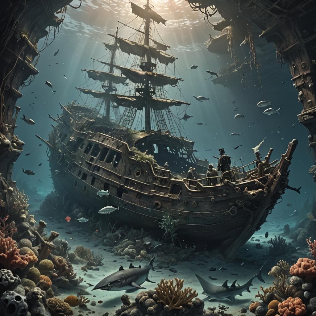 Underwater Pirate Shipwreck in Ethereal Horror Style