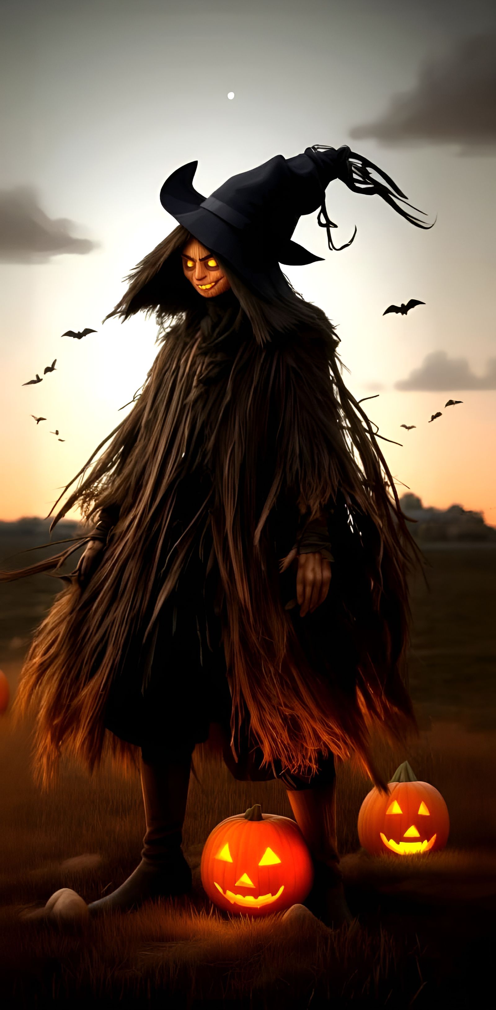 Grotesque Scarecrow with Pumpkin Head in Farmer's Suit