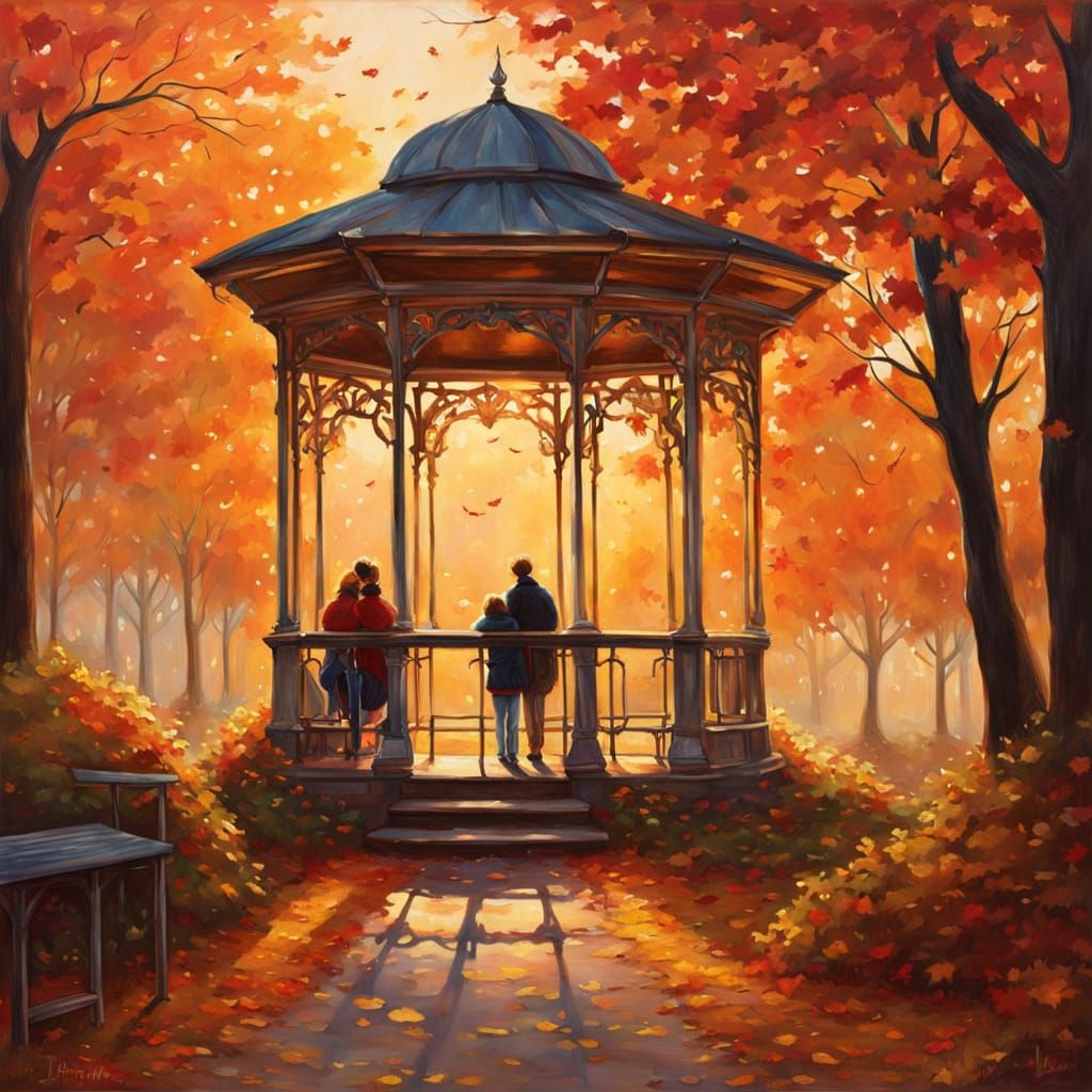 Autumnal Gazebo Scene in Whimsical Painting