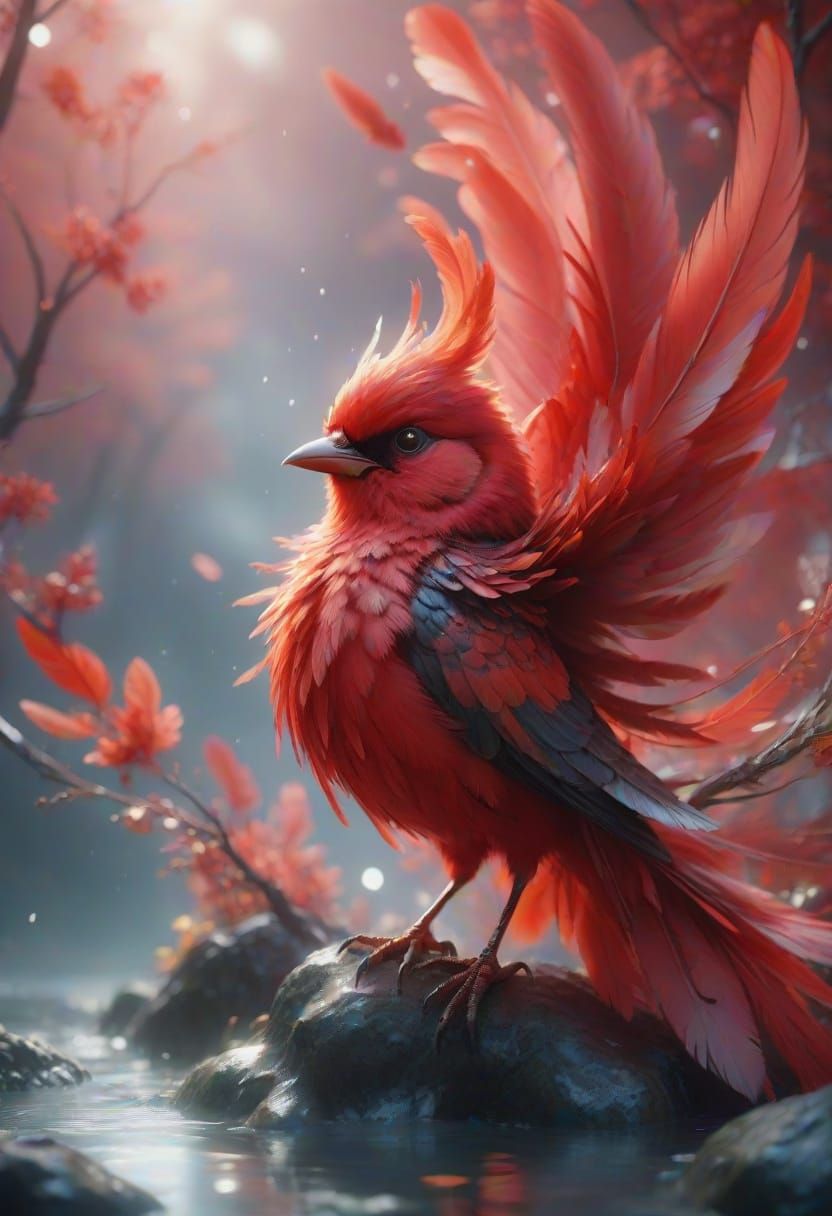 Surreal Crimson Bird in Ethereal Landscape
