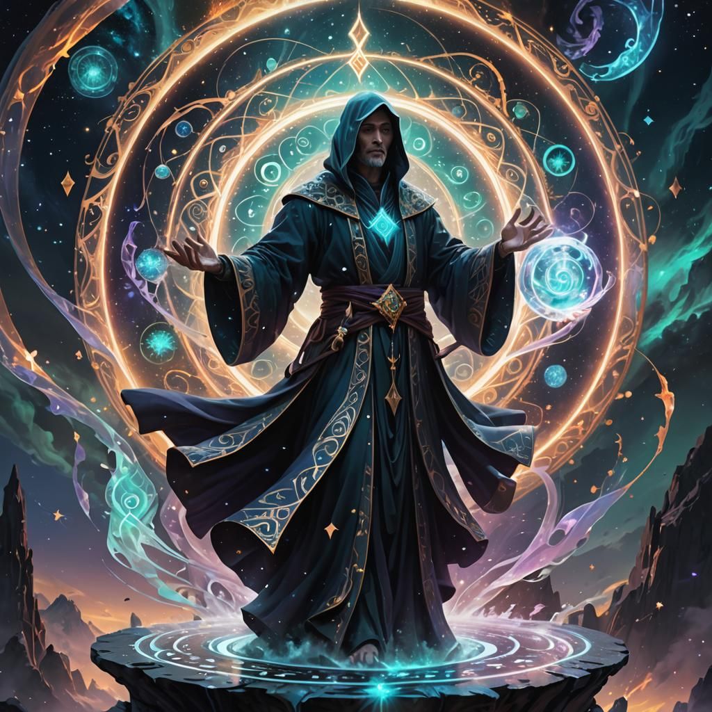 A enigmatic mage with flowing, iridescent robes stands atop ...