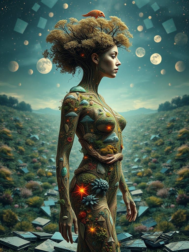 Surreal Bio-Art Woman in Dreamlike Landscape with Glowing Cr...