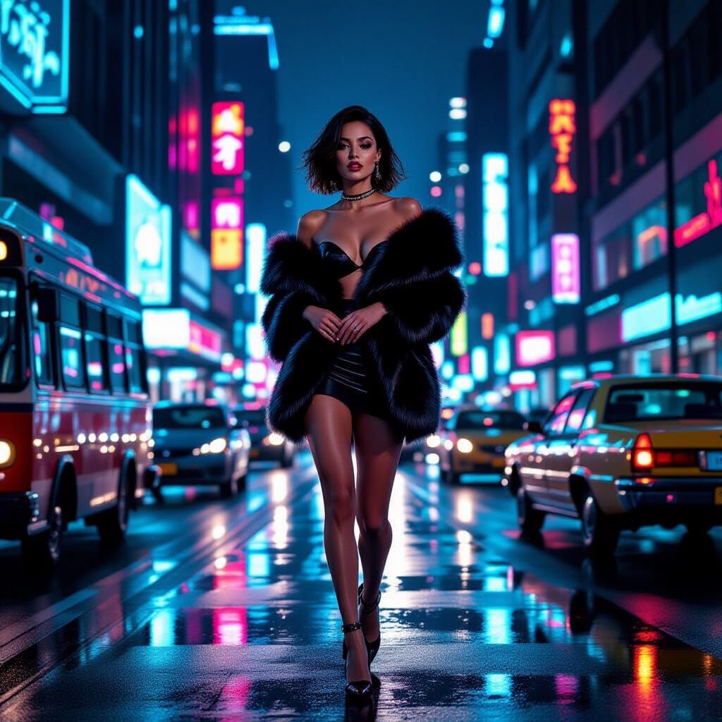 Woman in Fur Stole on Crowded City Street in Cyberpunk Style