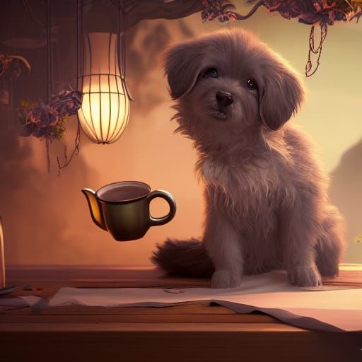 Puppy's Tea Party: Detailed Fantasy Art