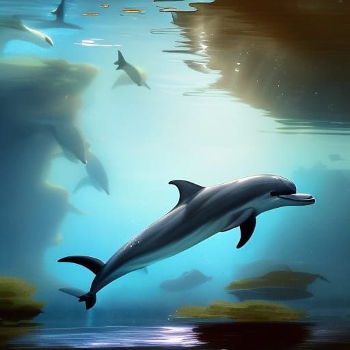 Dolphins Swimming Underwater in Detailed Digital Art