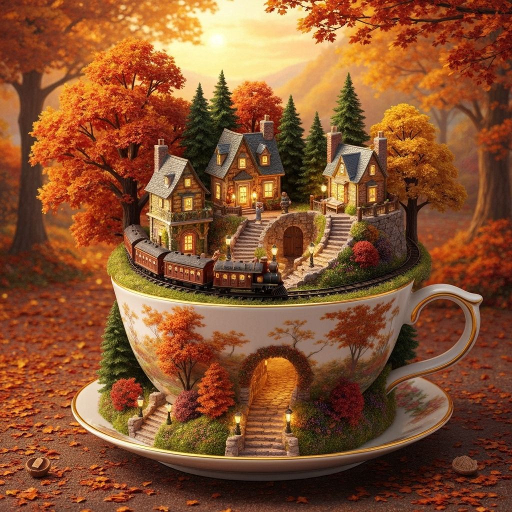 Miniature Autumn Village Inside a Teacup