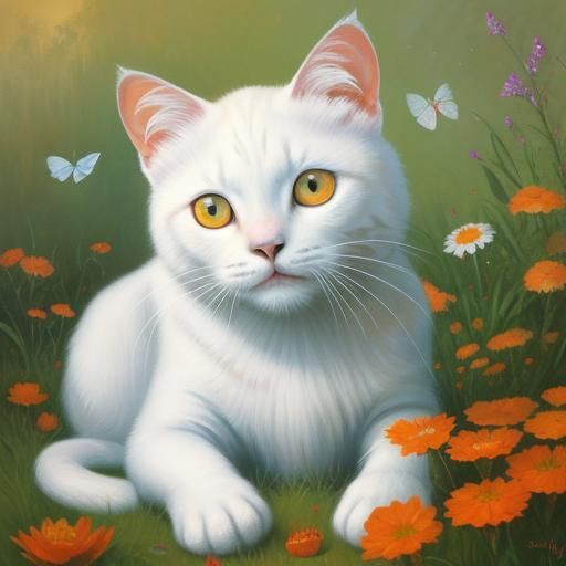 White Cat and Butterfly in Oil Painting Style