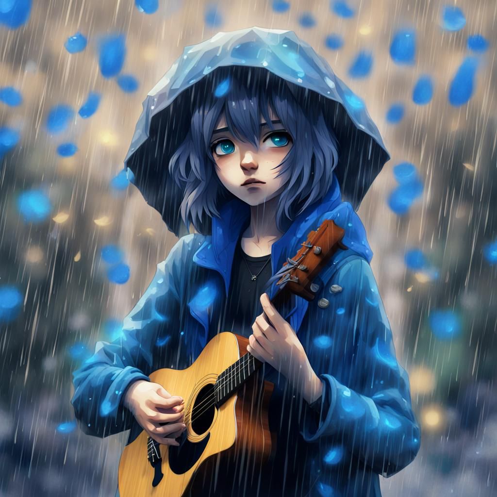 Emo Girl Guitar in Rain: 3D Anime Art
