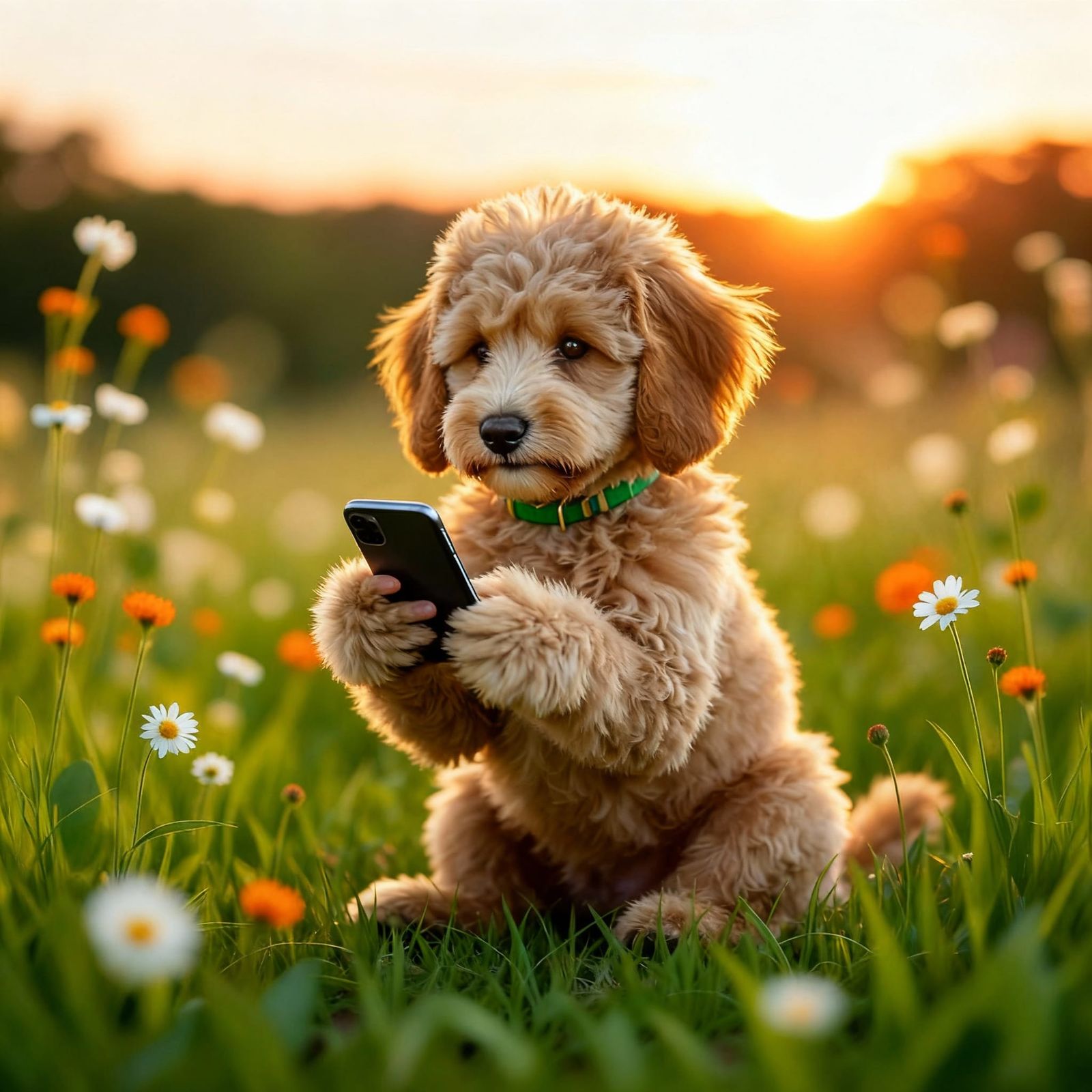 Goldendoodle Puppy Engrossed in Smartphone Play