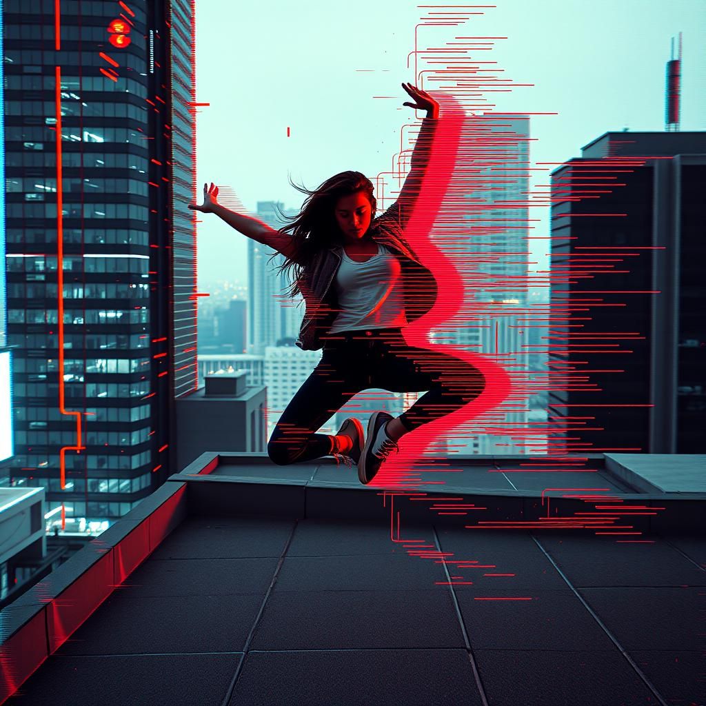 Abstract Glitch Art: Woman's Rooftop Parkour