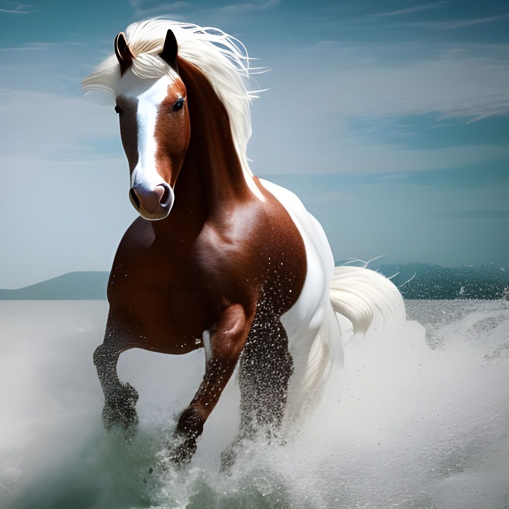 White Mustang Galloping Through Blue River