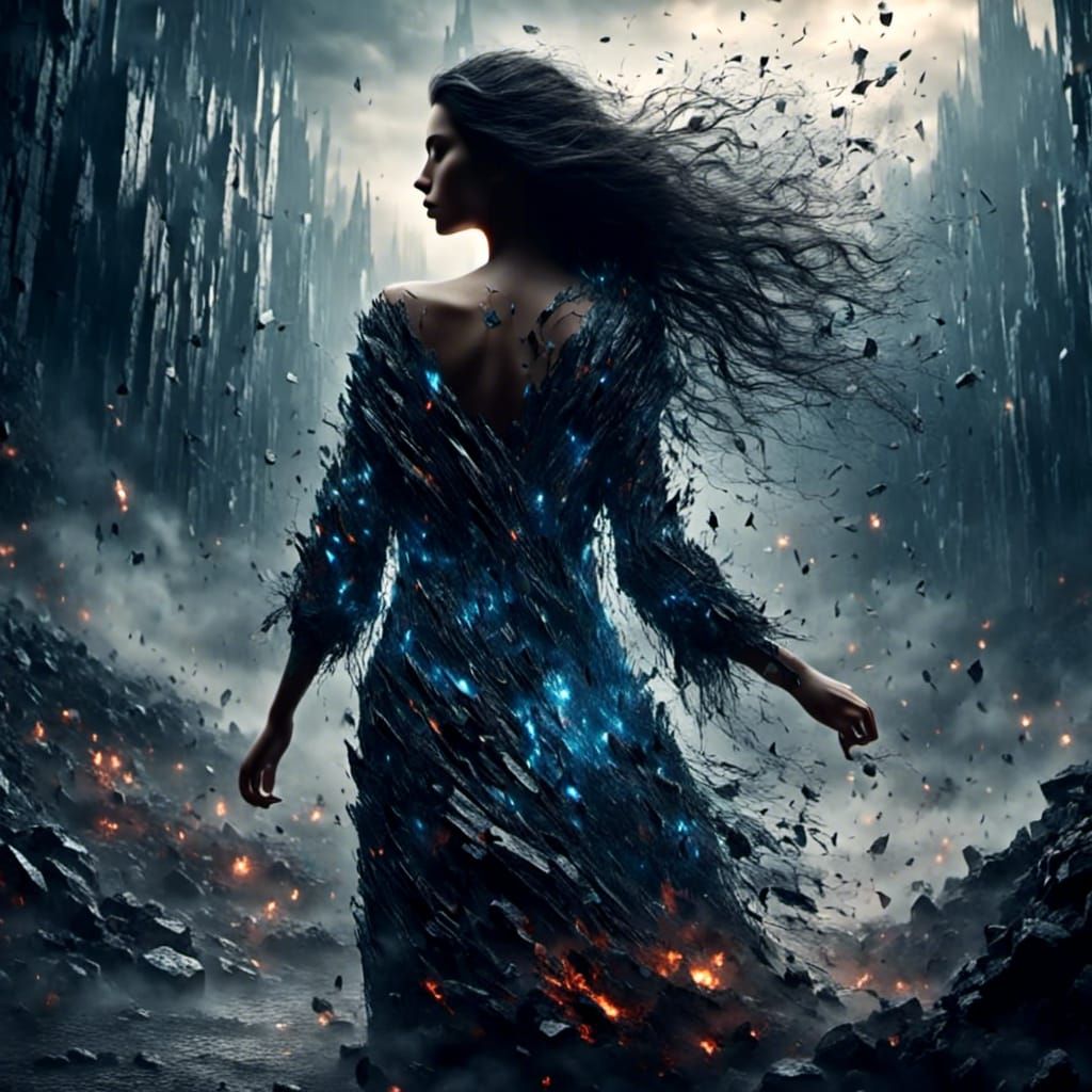 Woman in Flowing Dress Descending into Darkness