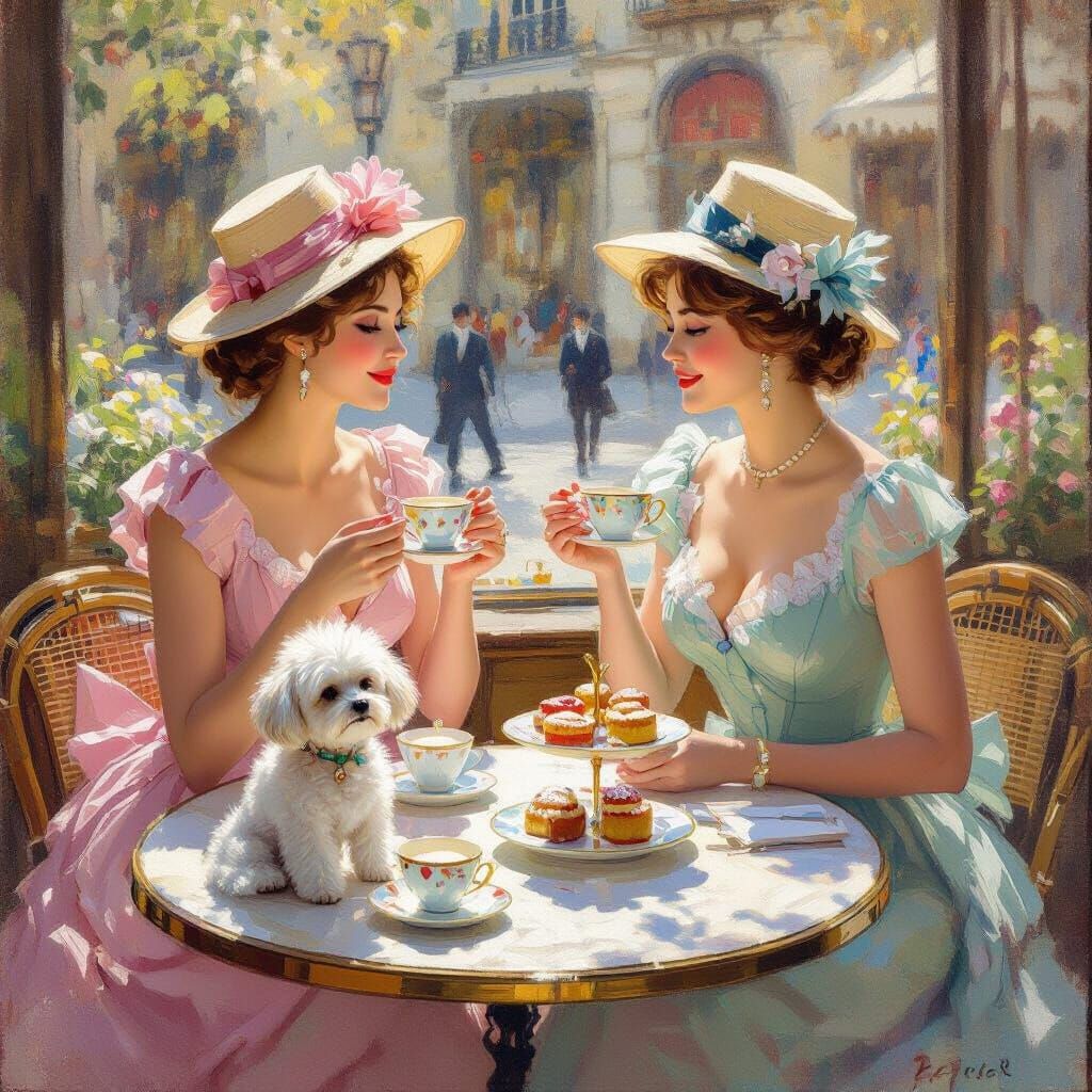 Elegant Ladies Enjoy Tea and Cakes in Parisian Cafe