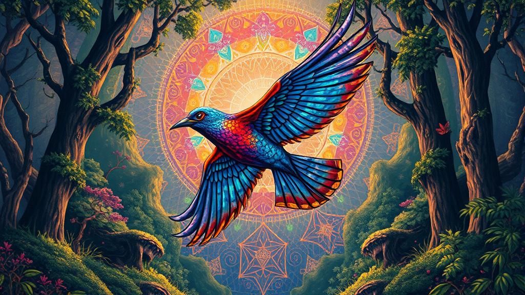 Iridescent Gothic Bird in Mystical Fractal Forest