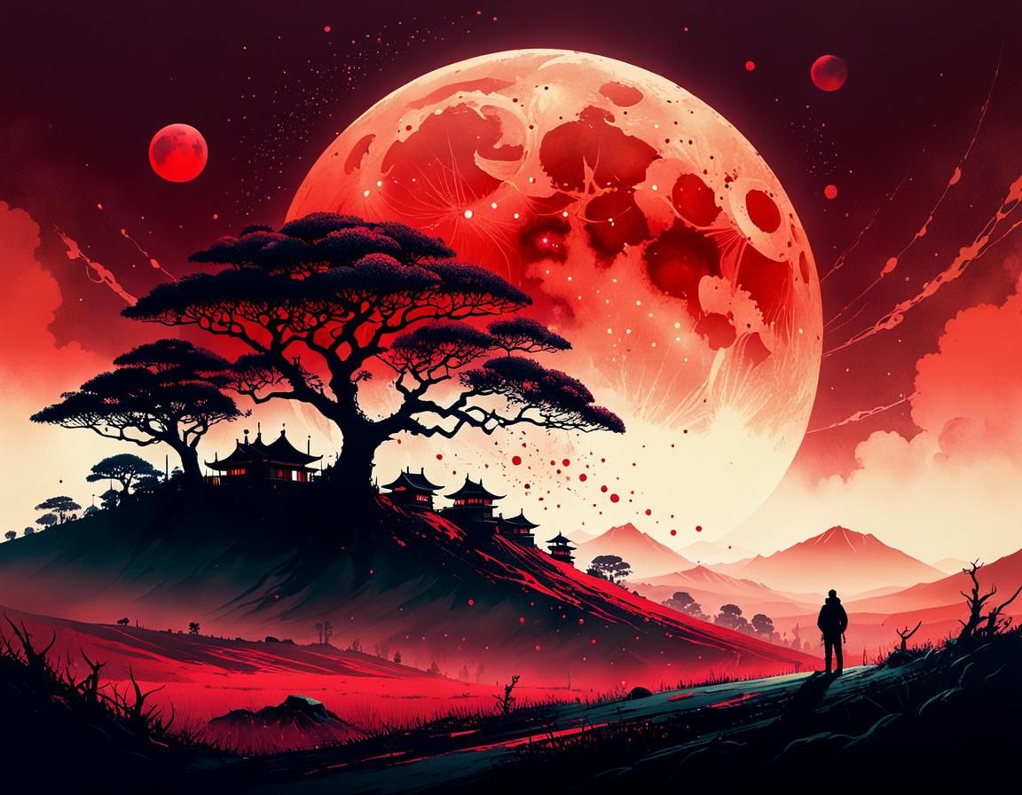 Ominous Red Moon Ink Splatter Art