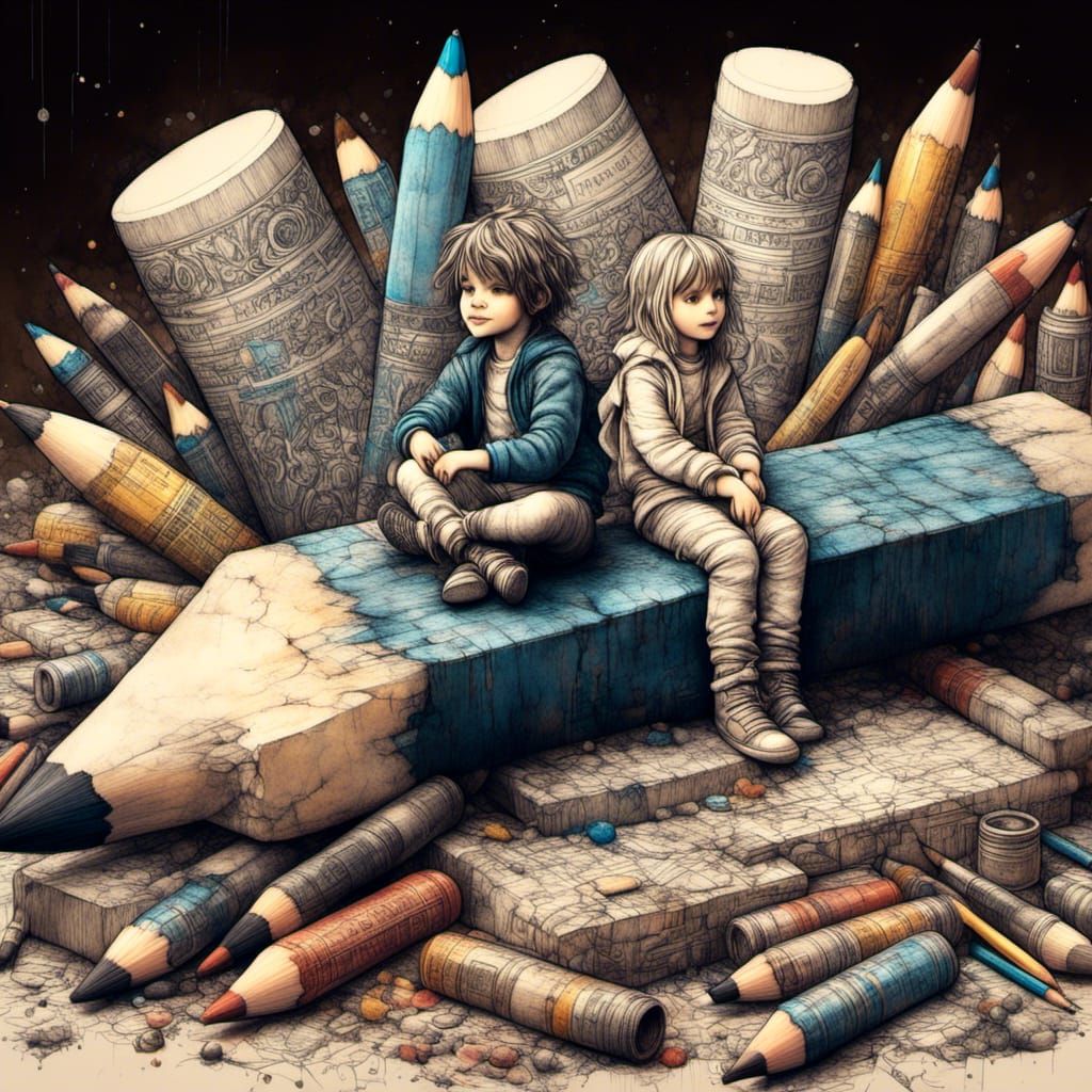 Children on Pencil in Hyperrealist Mixed Media