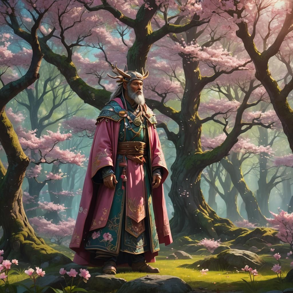 Druid in Sakura Grove: Fantastical Concept Art