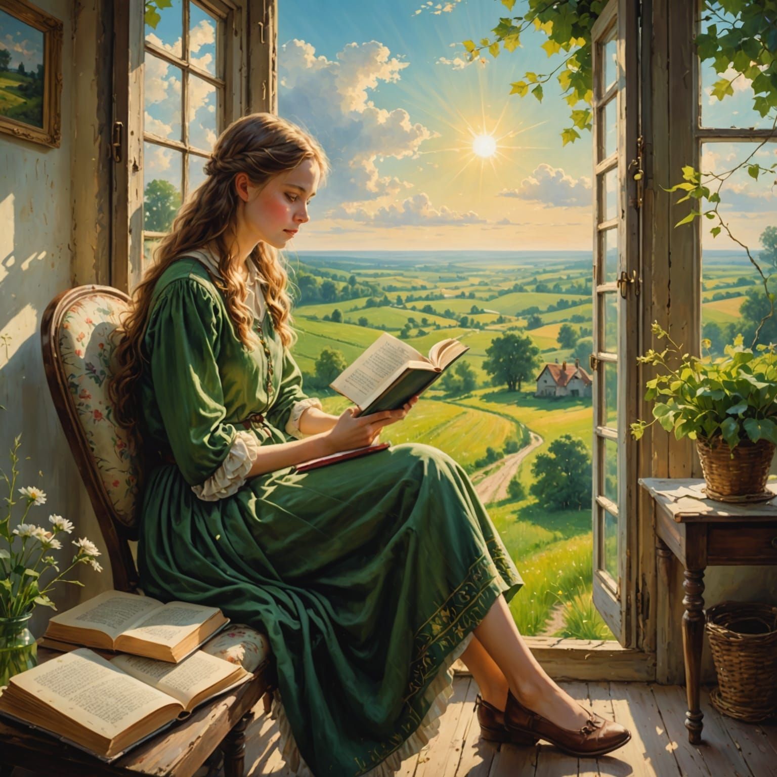 Girl Gazes at Sunny Countryside from Window