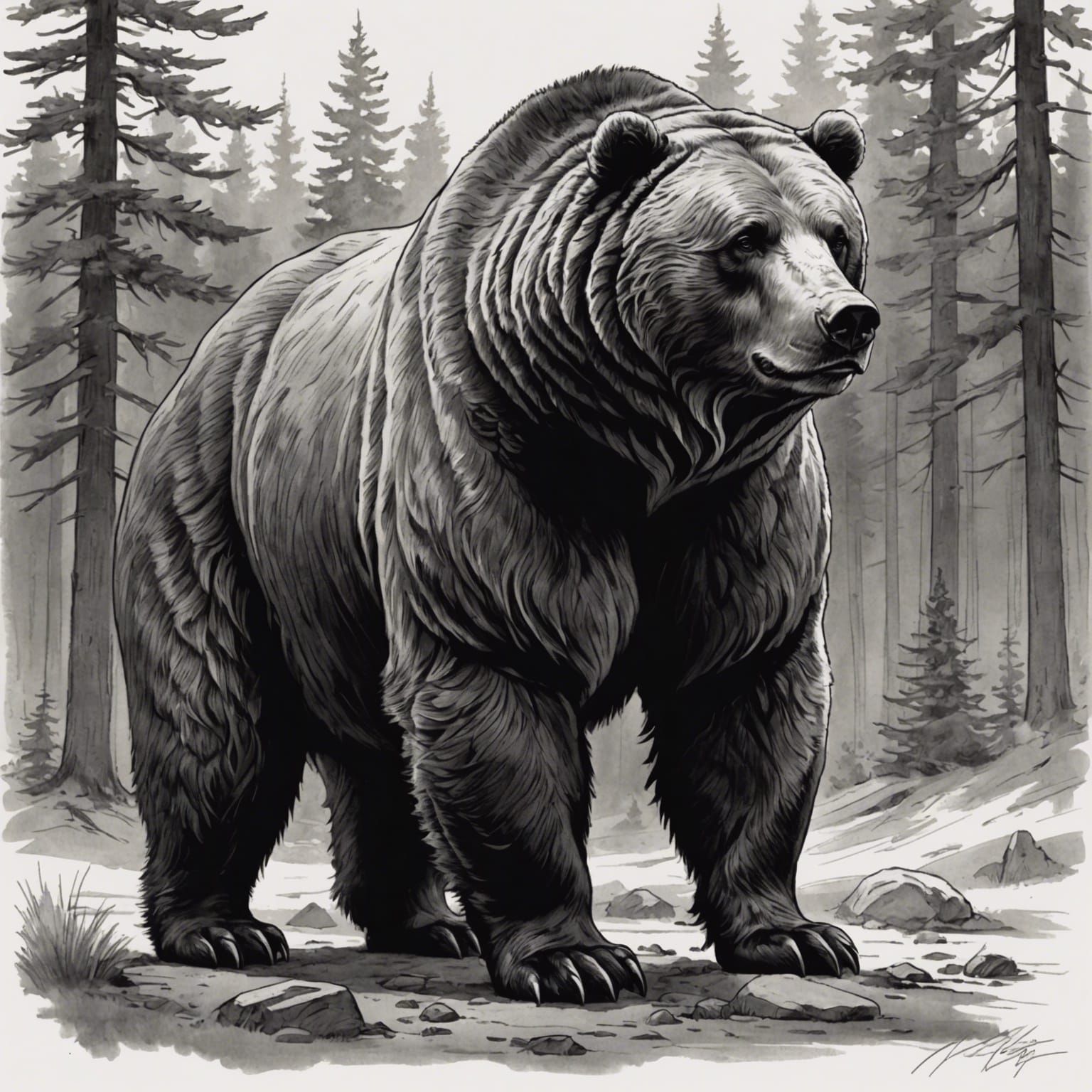 Grizzly Bear Relaxing in Mythic Forest: Sketch Art