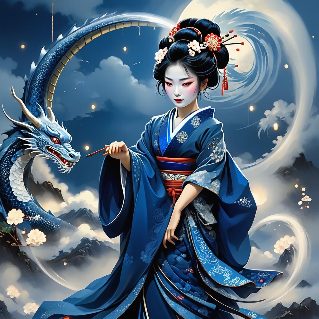 Geisha in Dragon Dress with Swirling Lights