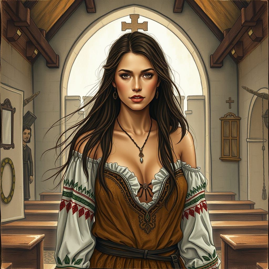 Eastern European Woman in Fortified Church Illustration