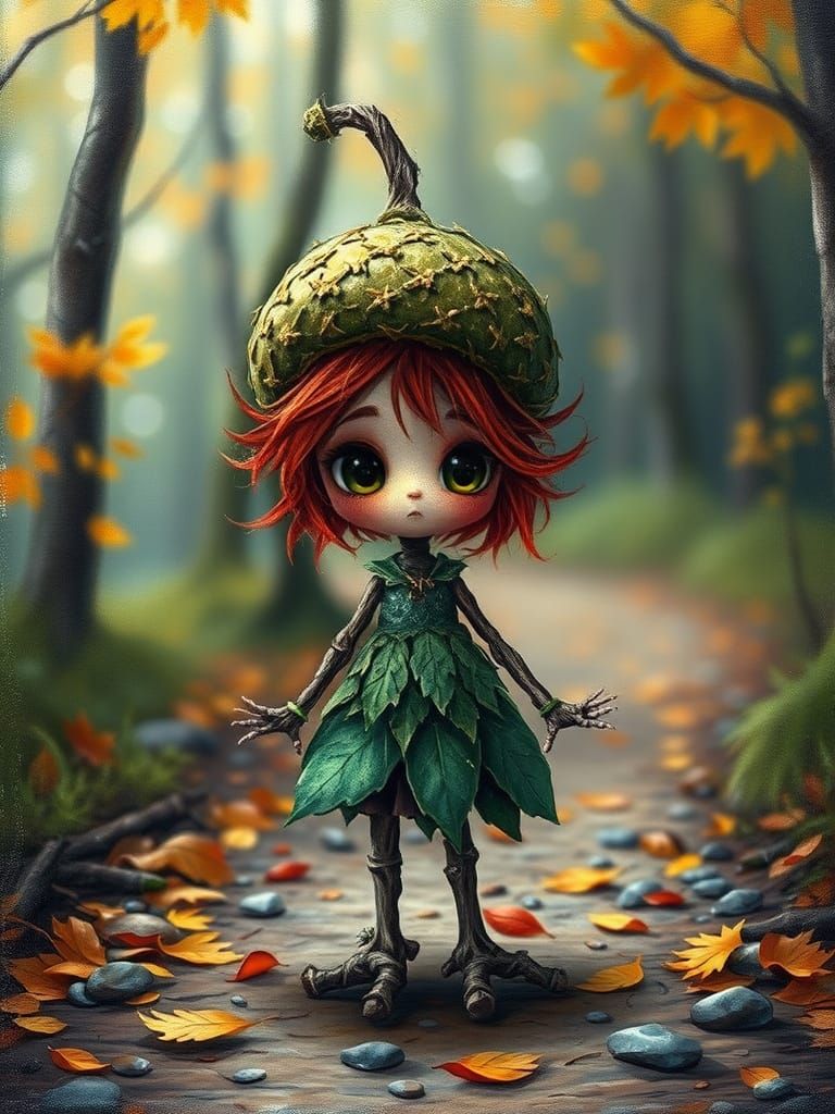 Whimsical Twig Girl in Autumn Forest Scene