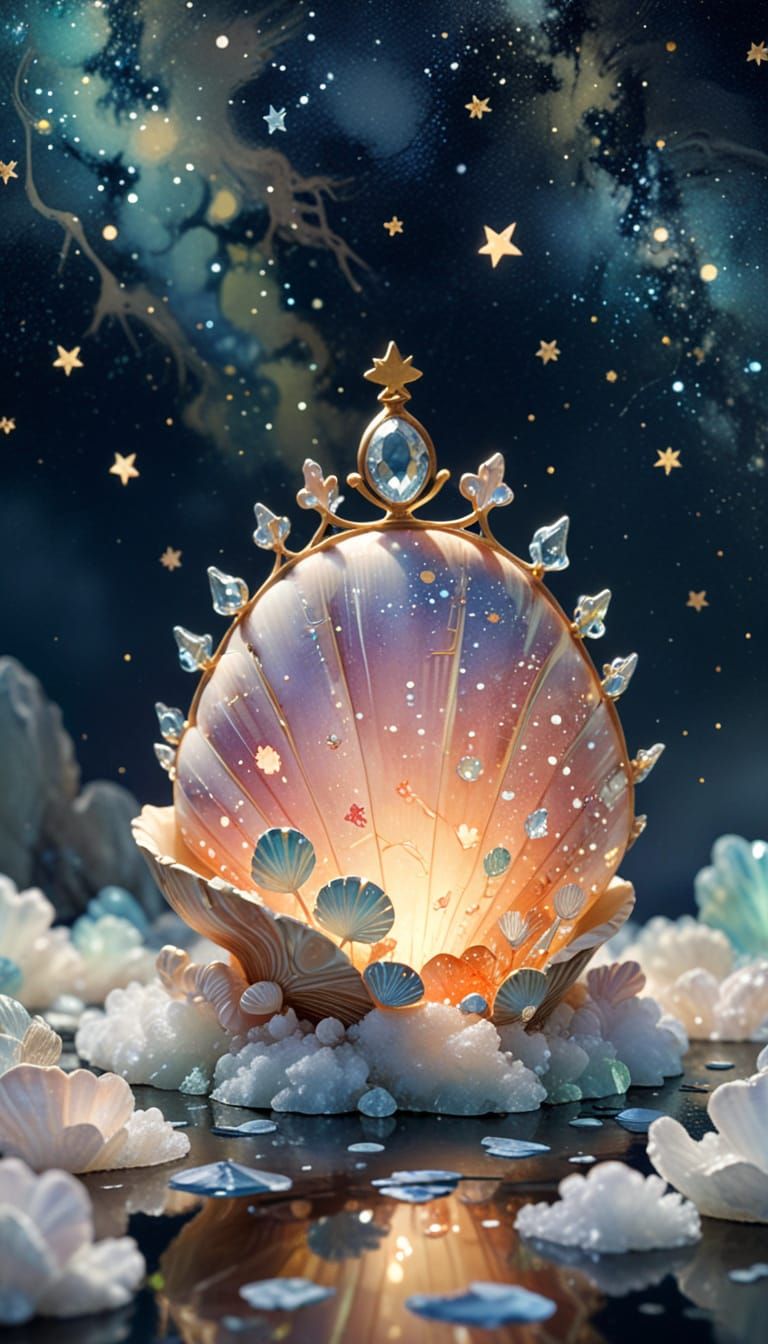Cute Shell Crowned in Glass on Cloud in Starry Night Sky