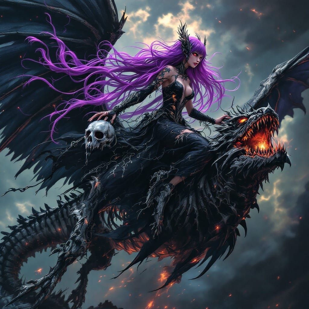 Cyberpunk Fairy Riding a Skeletal Dragon