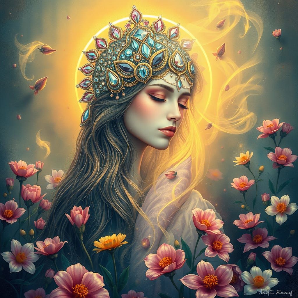 Surreal Goddess Lost in Luminous Garden