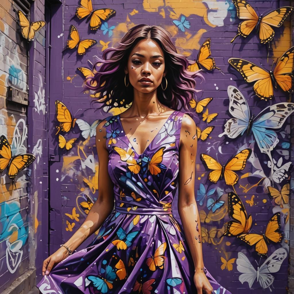 Woman in Butterfly Dress: Vibrant Street Art