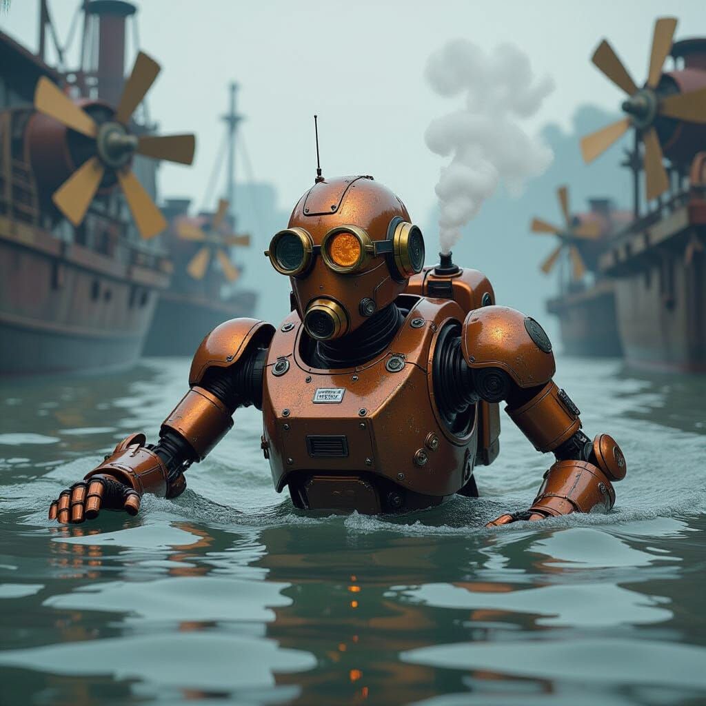 Steampunk Robot Ascends Murky River: Industrial Futurism