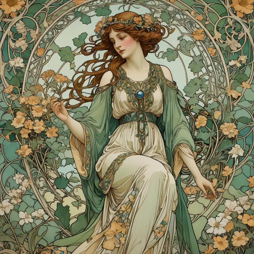 Elegant Woman in Art Nouveau Floral Design