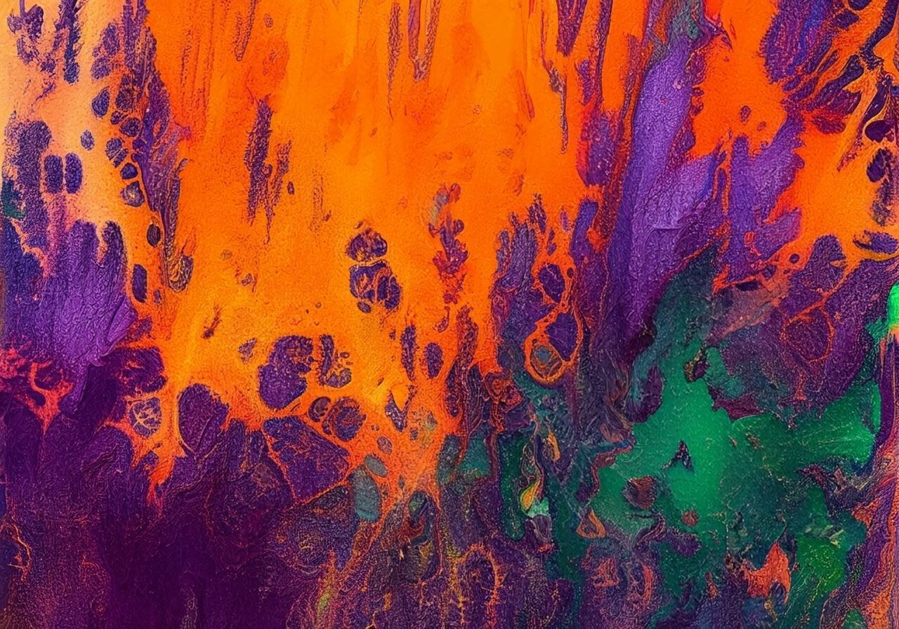 Abstract Expressionist Painting in Orange, Purple, and Green