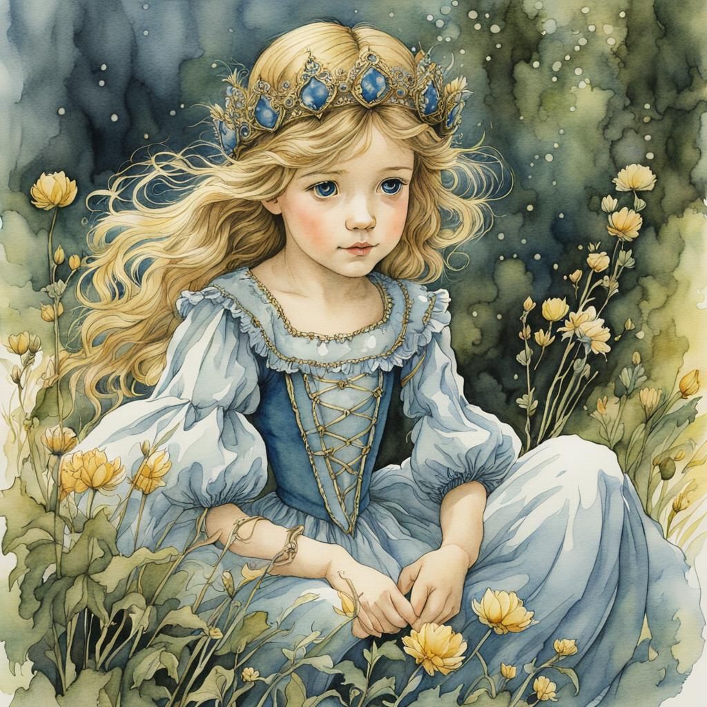 Fairytale Princess Girl in Watercolor Style