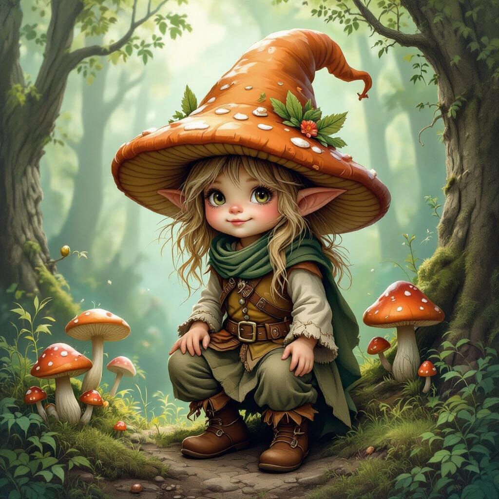 Freckled Goblin Girl in Mushroom Forest, Whimsical Art