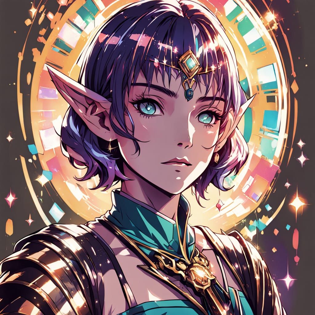 Glamorous 80s Anime Elf Woman in Opulent Attire