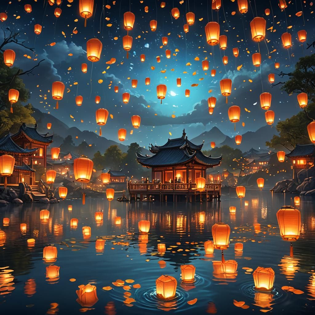 Serene Lake with Lanterns: Fantasy Concept Art
