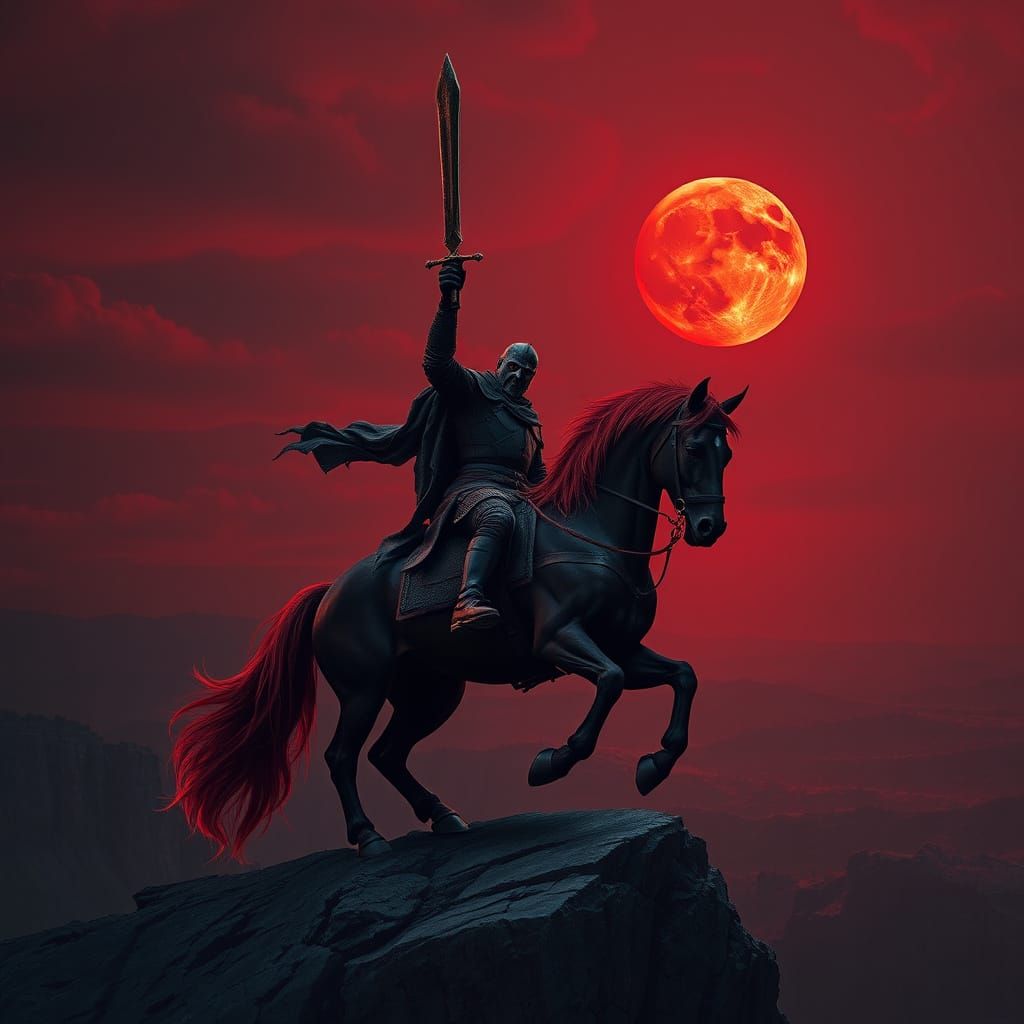 Dark Rider on Cliff, Sword in Hand, Under Bloody Red Moon