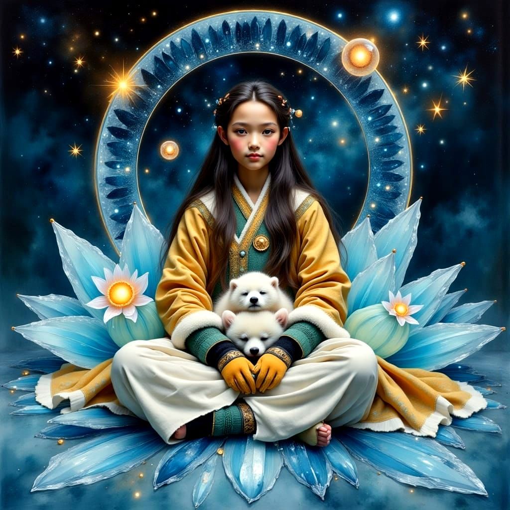 Mystical Tibetan Noble with Polar Bear Cub in Dreamy Enchant...