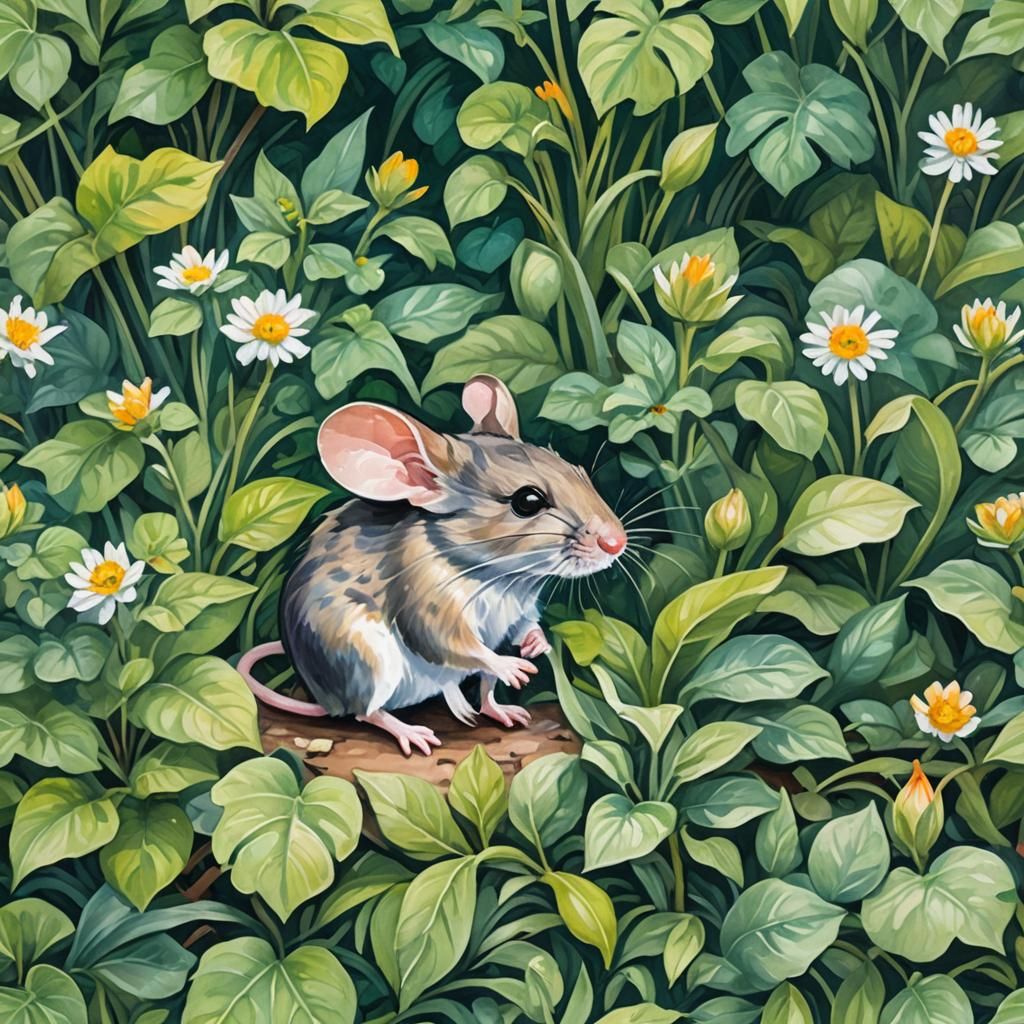 Mouse in Spring Greenery: Gouache Watercolor Painting