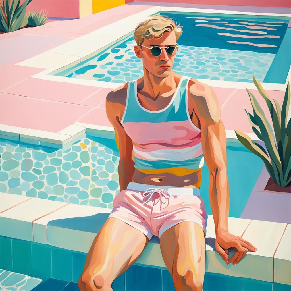 Young Man by Pool in Hockney Pastel Style
