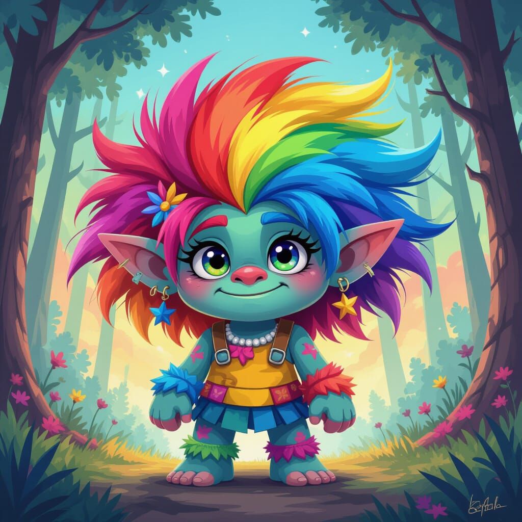 Whimsical Rainbow-Haired Troll in Dreamlike Scene