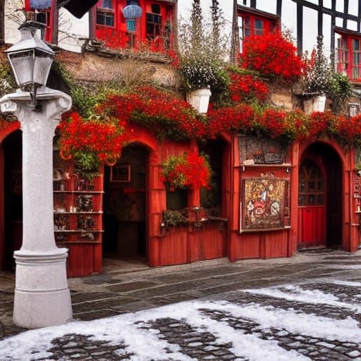Picturesque Medieval Tavern in Winter Snow