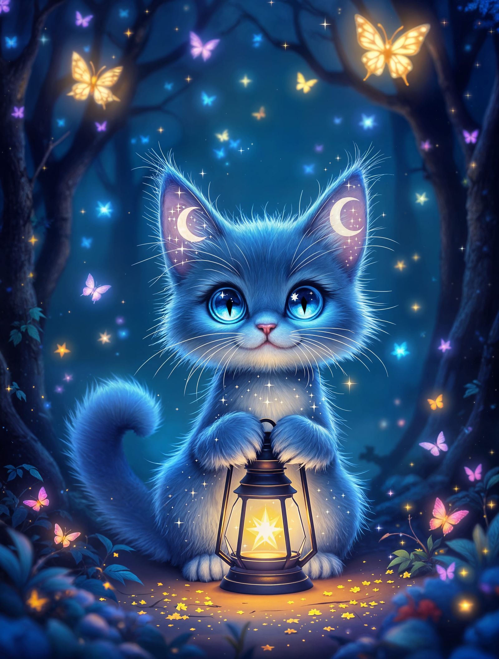 Enchanted Whimsy: Celestial Feline in Moonlit Forest