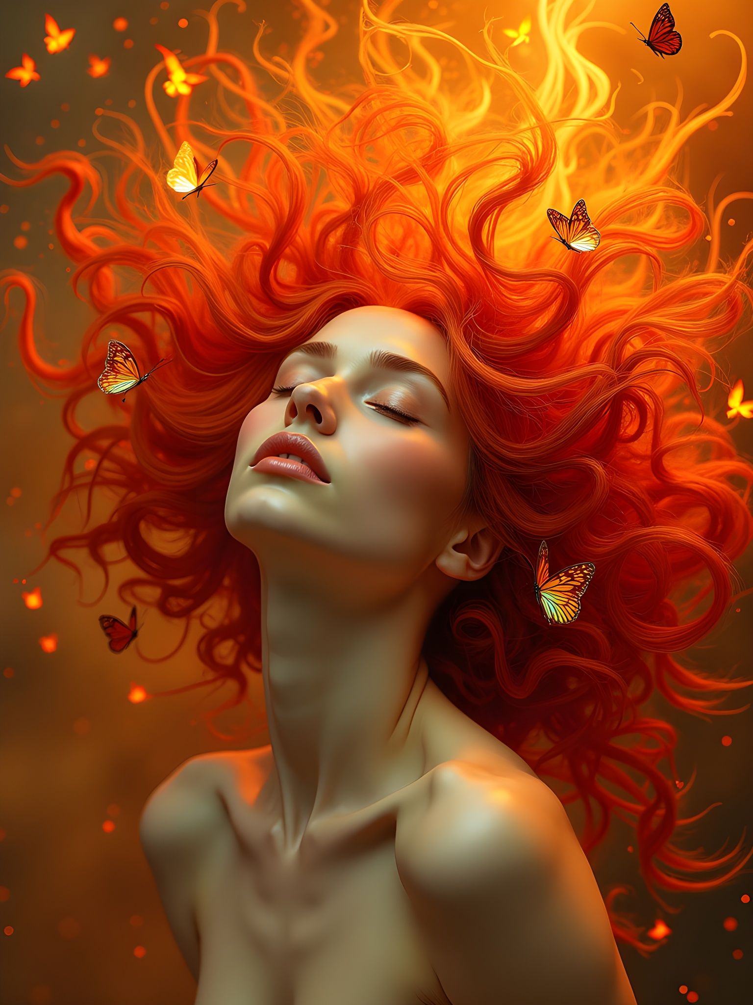 Woman with Flaming Hair and Fire Butterflies
