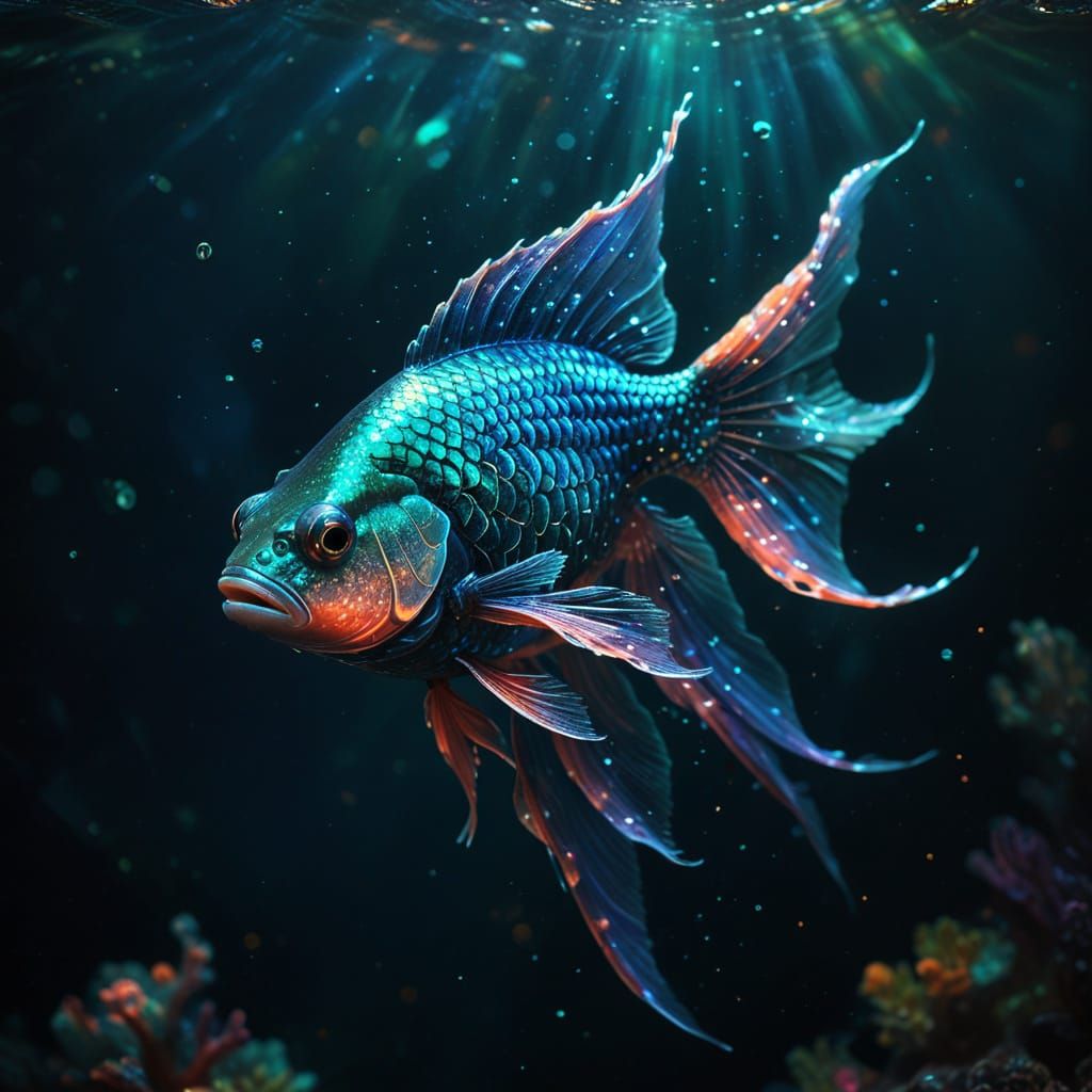 Iridescent Fish in Deep Ocean Digital Painting