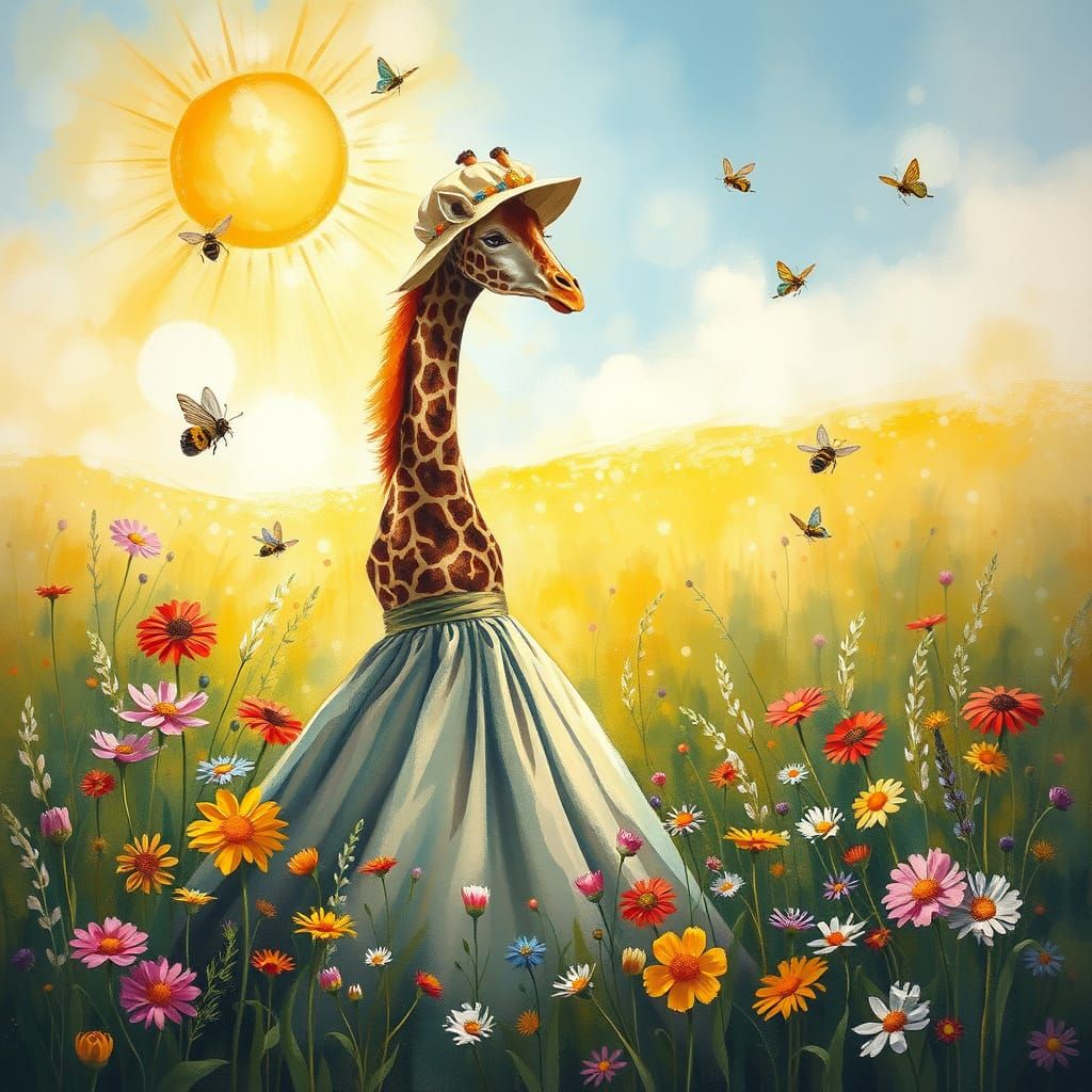 Regal Giraffe in Whimsical Garden Scene, Impressionist Style