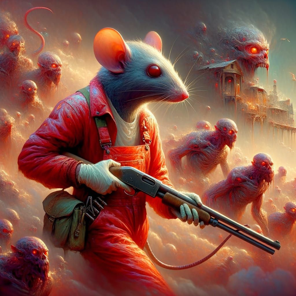 Rat Warrior Flees Demons with Shotgun in Fantasy Matte Paint...