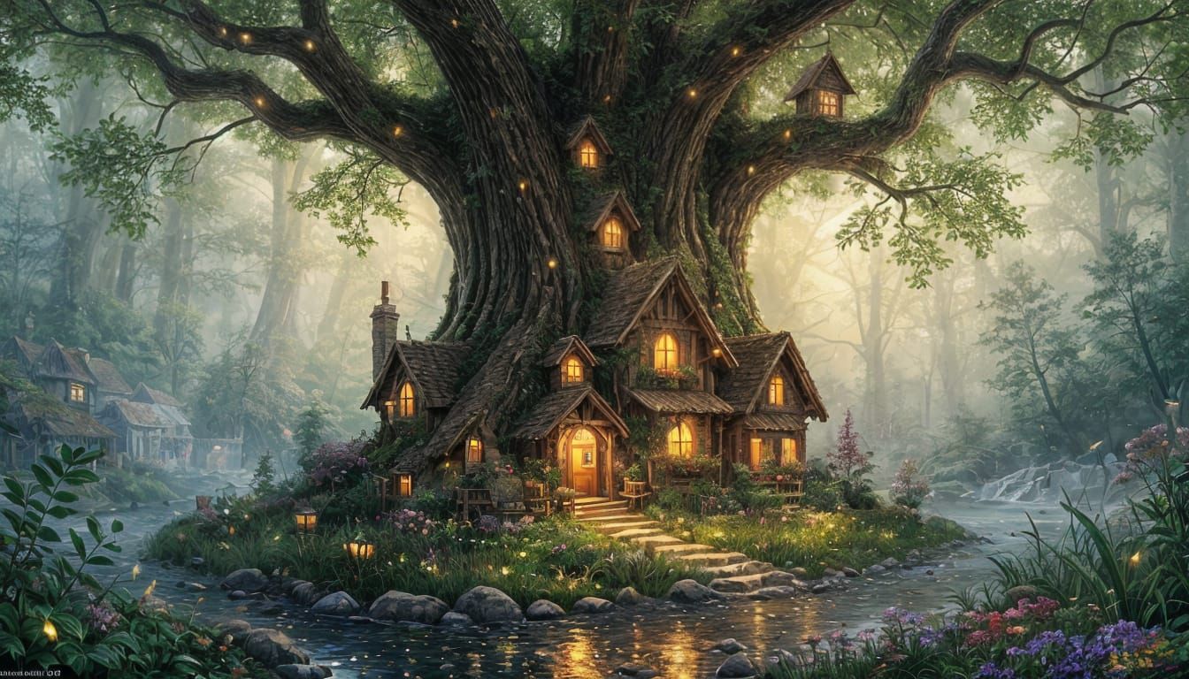 Enchanted Fairy Village Nestled in Ancient Tree